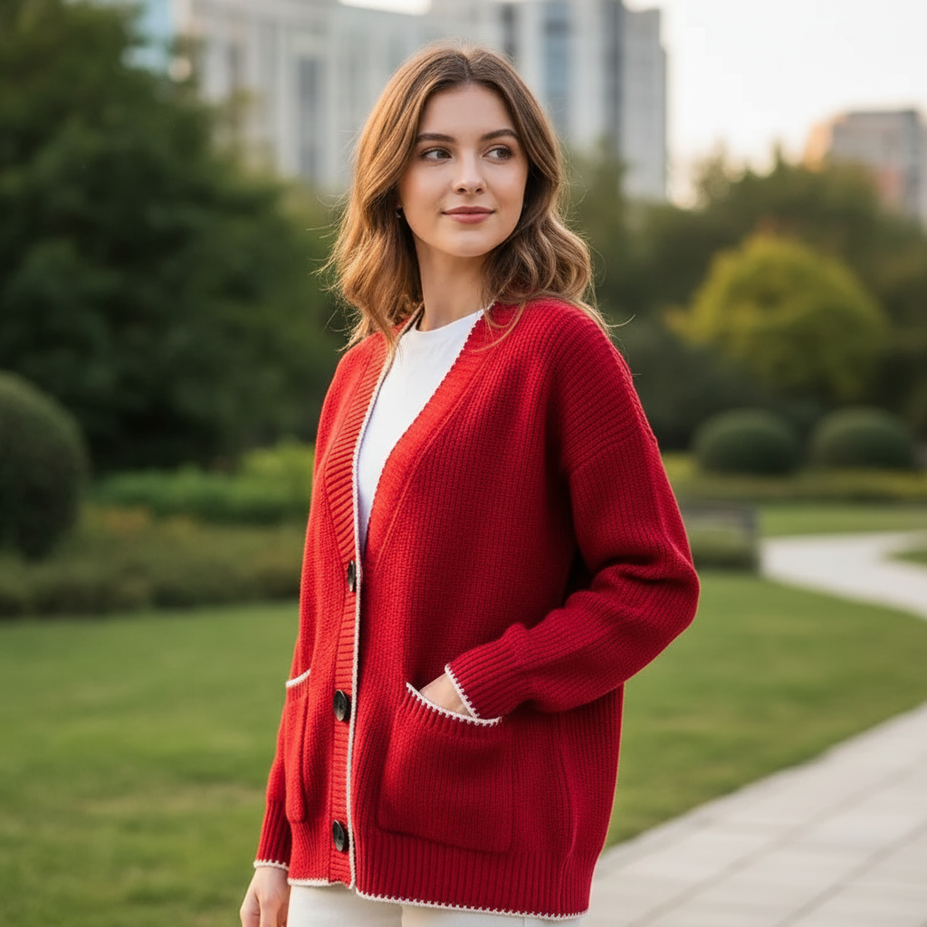 Allana Zeitlose Strickjacke mit Kontrastbesatz