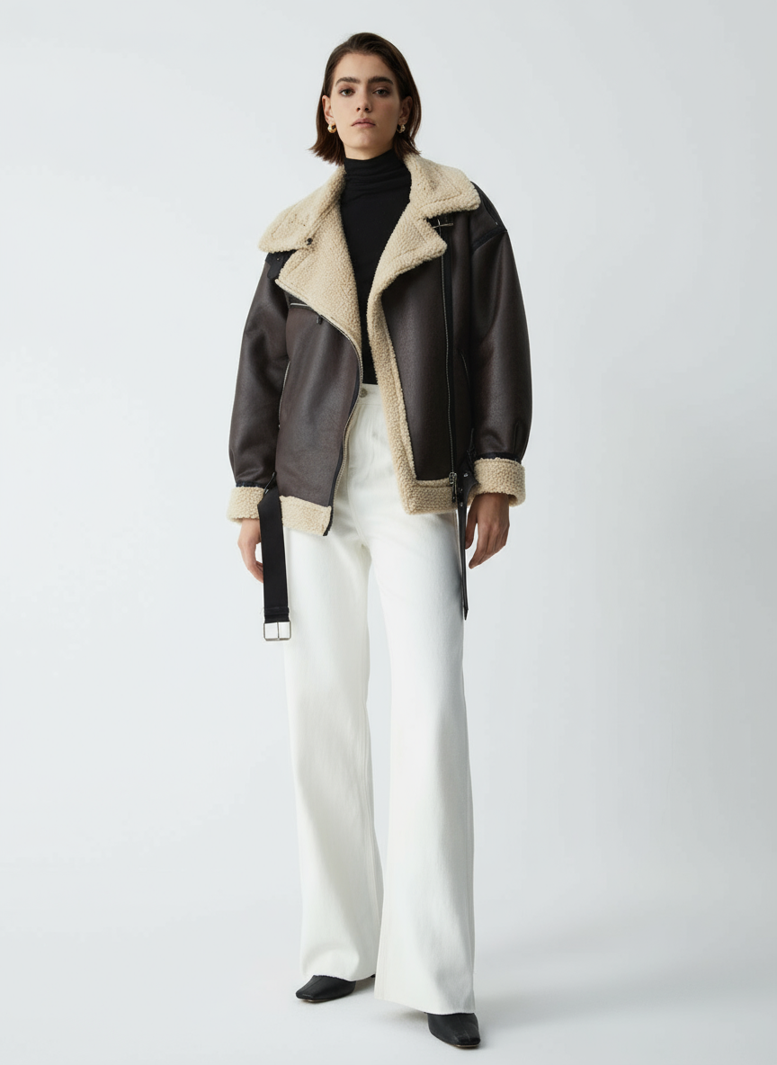 Braun Shearling Fliegerjacke – Lederoptik Mit Teddyfutter