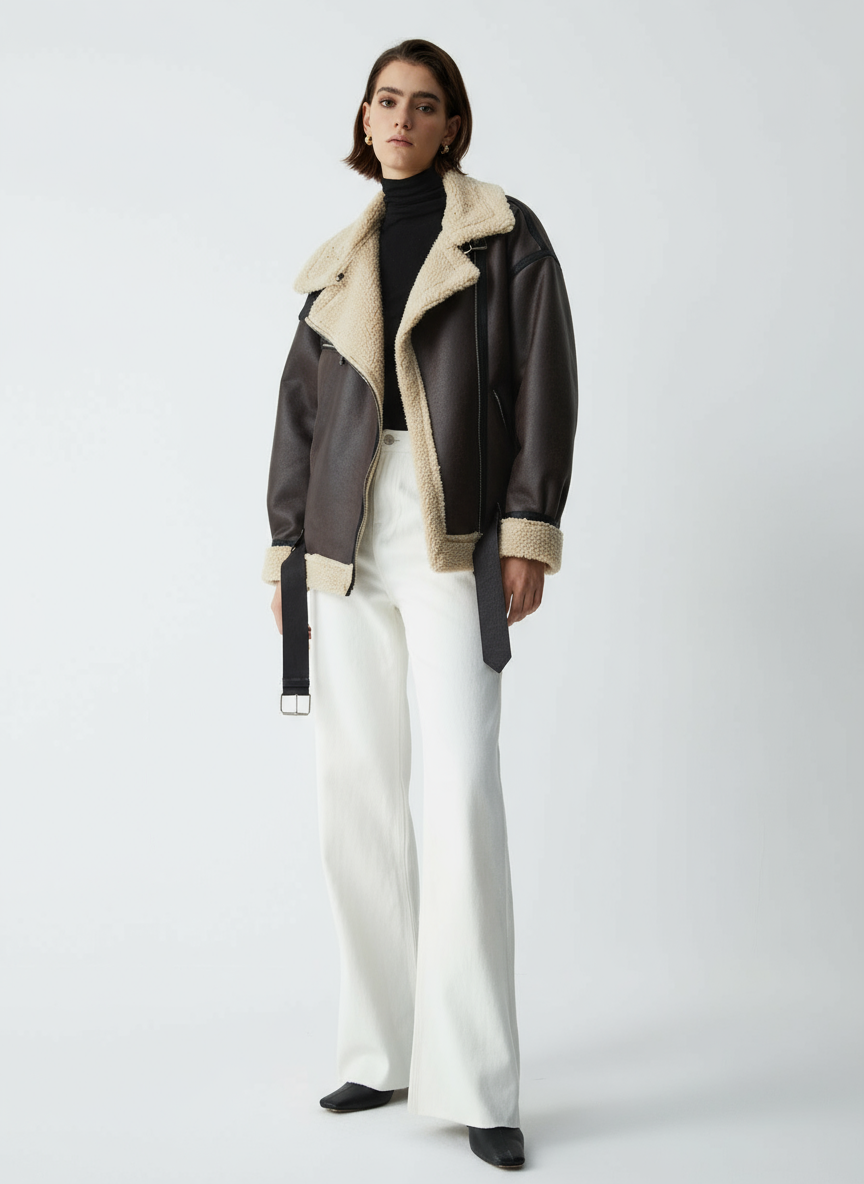 Braun Shearling Fliegerjacke – Lederoptik Mit Teddyfutter