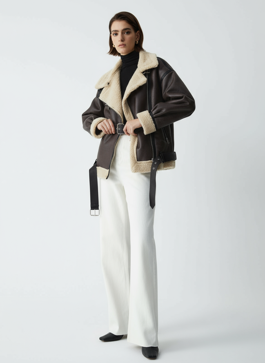 Braun Shearling Fliegerjacke – Lederoptik Mit Teddyfutter