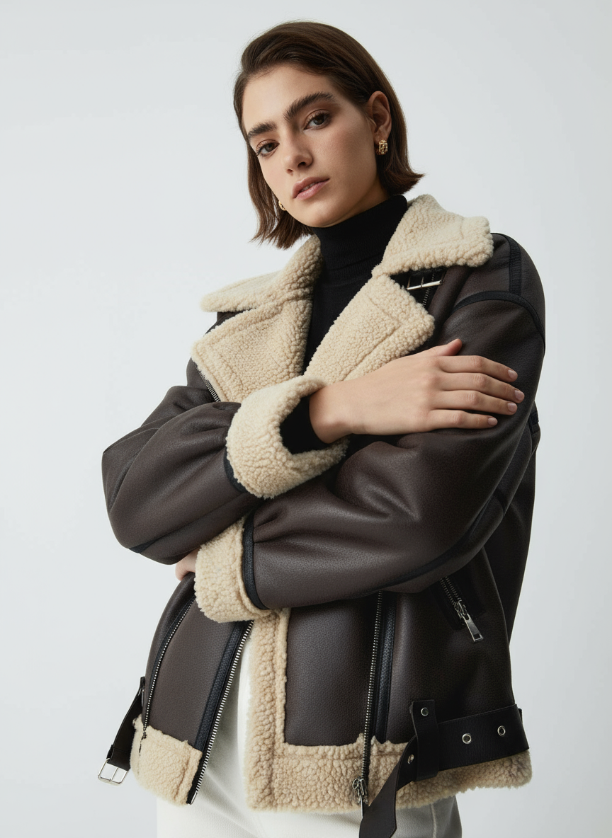 Braun Shearling Fliegerjacke – Lederoptik Mit Teddyfutter