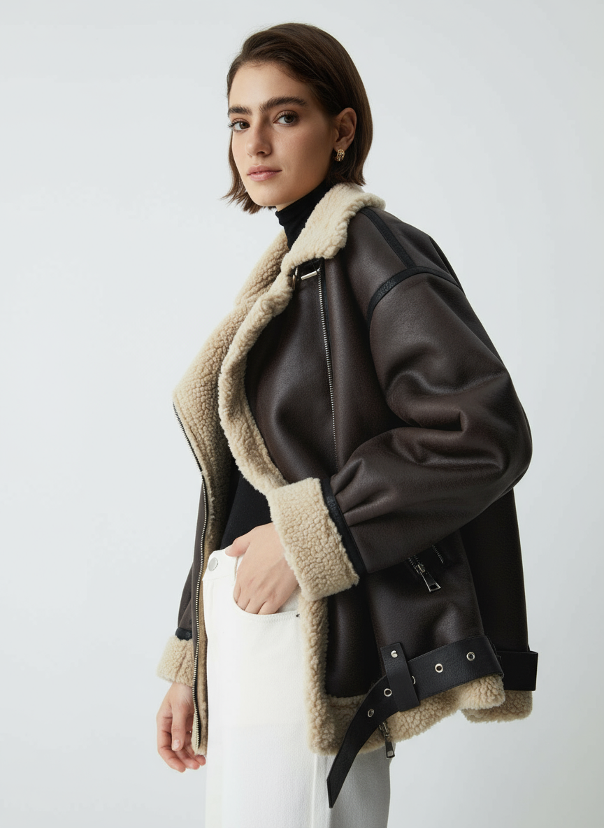 Braun Shearling Fliegerjacke – Lederoptik Mit Teddyfutter