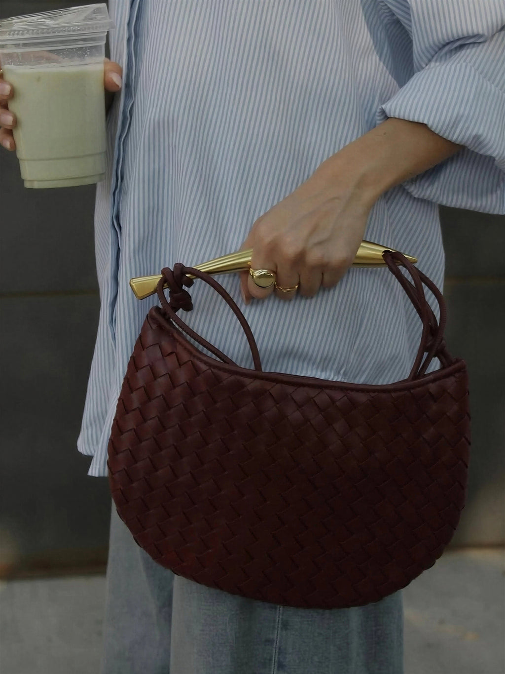 Mondförmige Ledertasche | Gewebte Textur | Abendmode