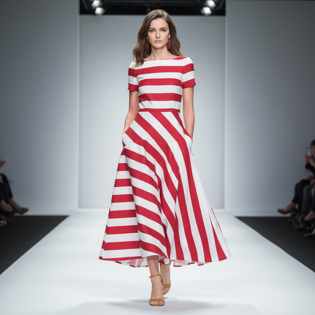 Kleid | Rot-weiß gestreiftes Muster mit Seitentaschen | Sommer