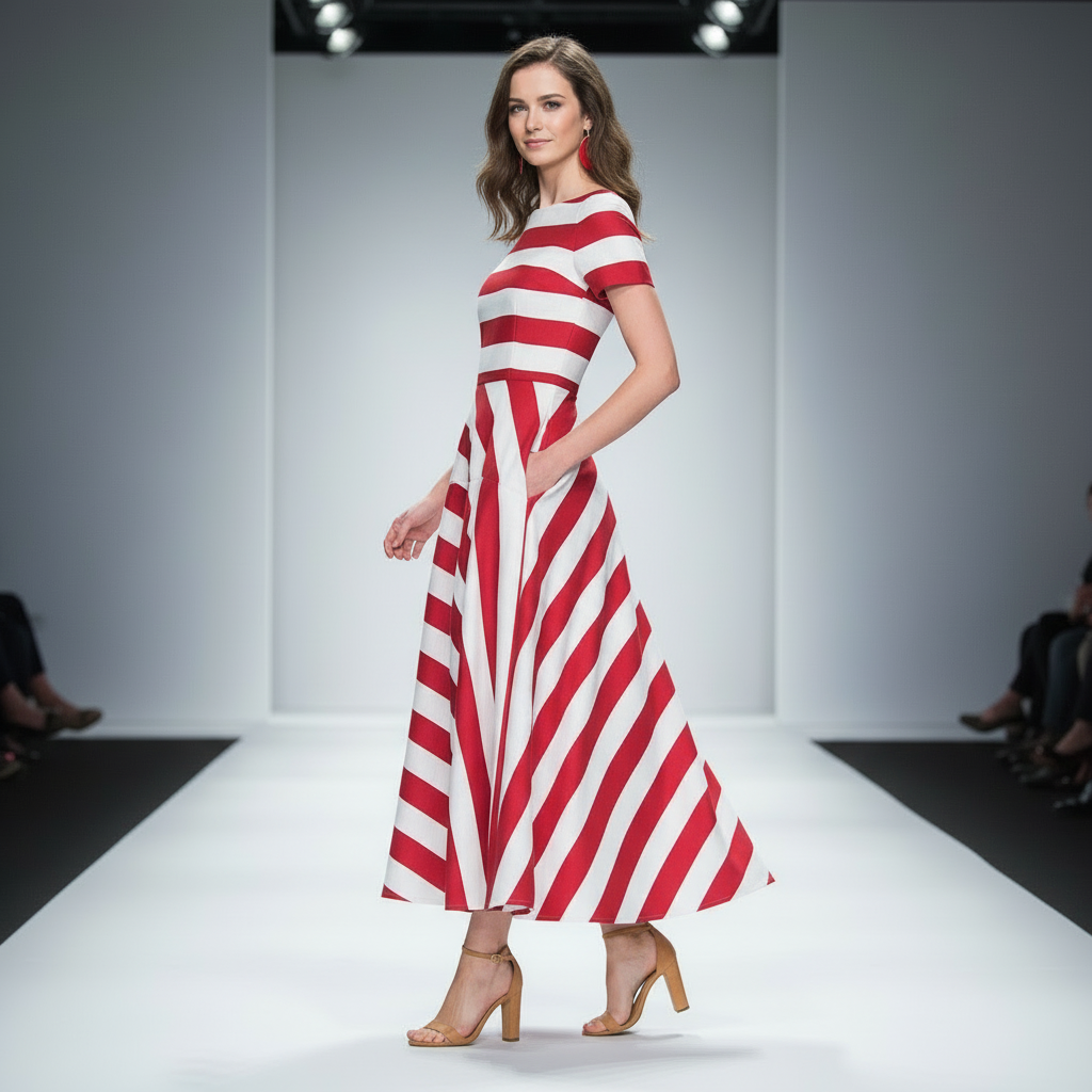 Kleid | Rot-weiß gestreiftes Muster mit Seitentaschen | Sommer