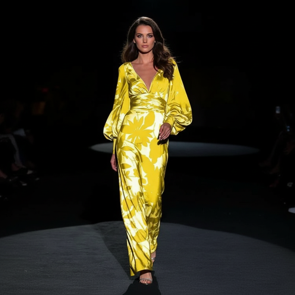 Maxikleid | Ballonsärmel und V-Ausschnitt | Frühling/Sommer