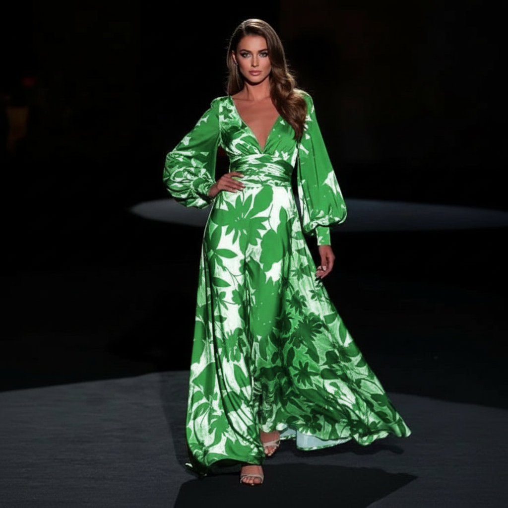 Maxikleid | Ballonsärmel und V-Ausschnitt | Frühling/Sommer