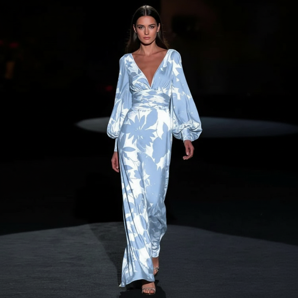Maxikleid | Ballonsärmel und V-Ausschnitt | Frühling/Sommer