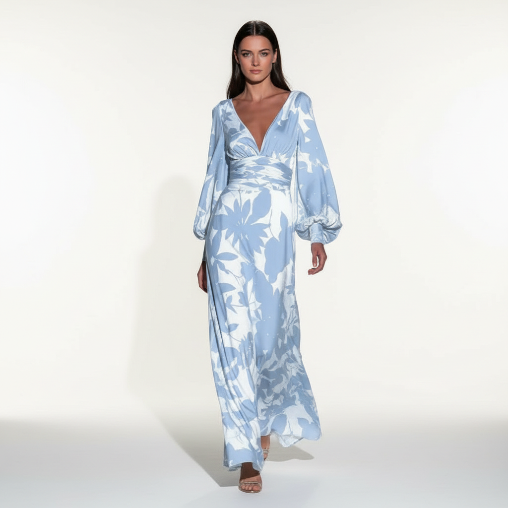 Maxikleid | Ballonsärmel und V-Ausschnitt | Frühling/Sommer