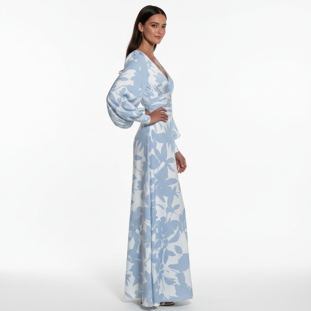 Maxikleid | Ballonsärmel und V-Ausschnitt | Frühling/Sommer