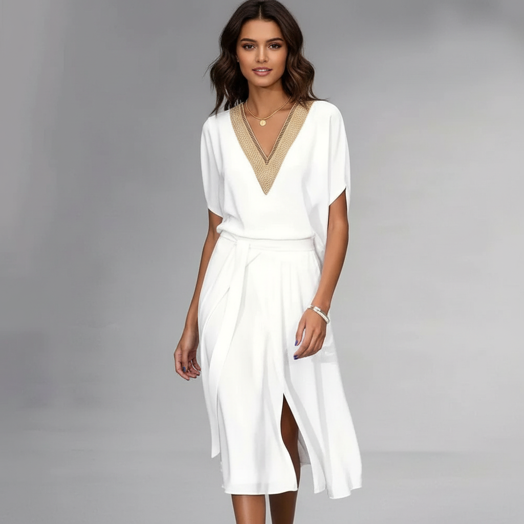 Kleid | Goldverzierter V‑Ausschnitt | Sommer