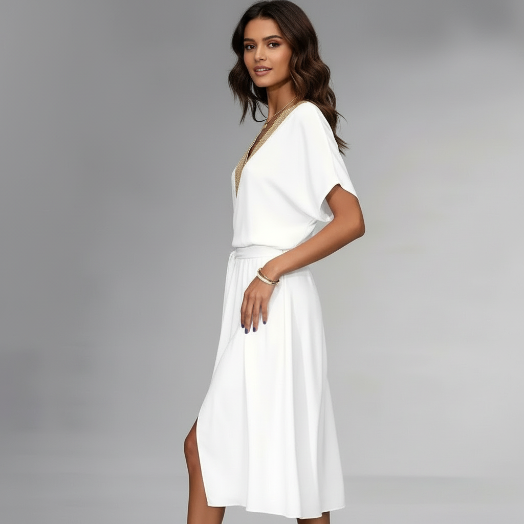 Kleid | Goldverzierter V‑Ausschnitt | Sommer