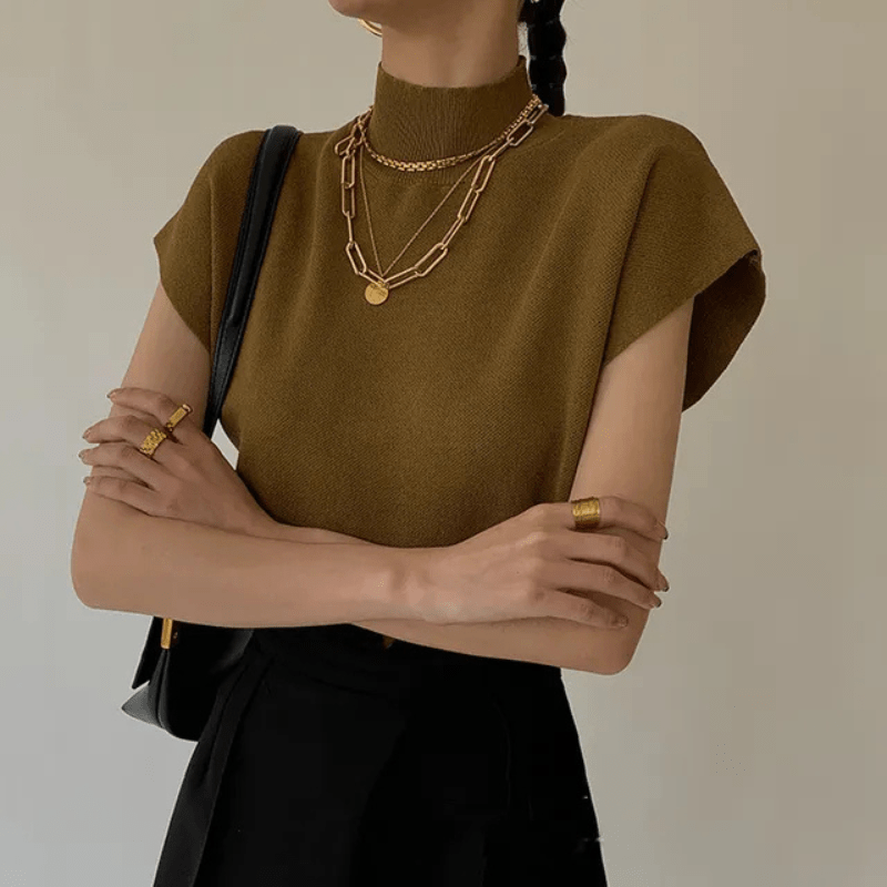 Eleganter Kurzarm-Top mit hohem Kragen