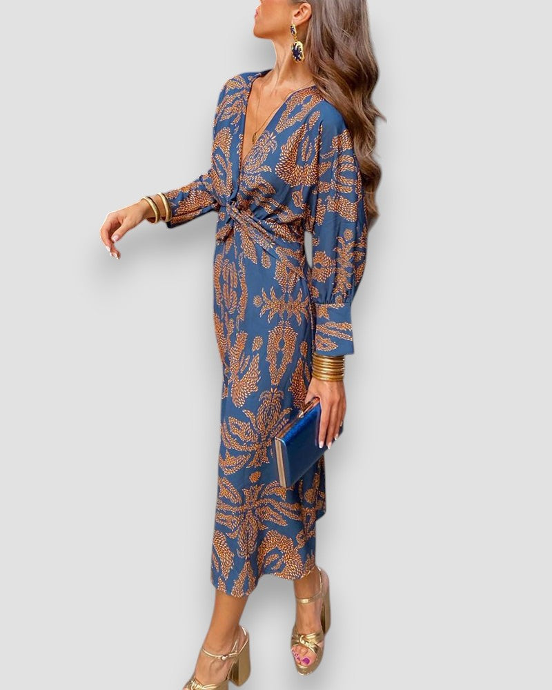 Damen Kleid Langarm V-Ausschnitt Print Knotendetail Elegant-83293-1b690ae2-0456-4f55-815a-90aba0927b6a