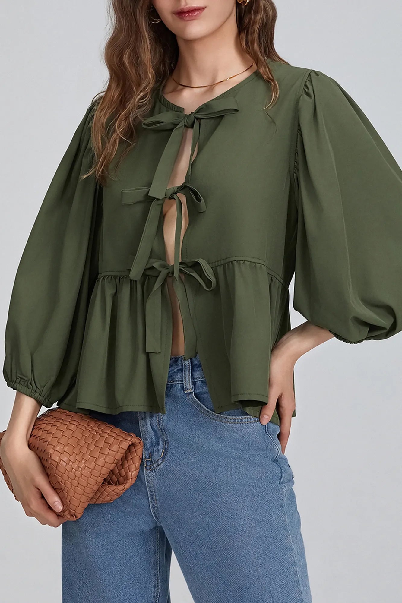 Kleidhaus Damen Bluse mit Schleifendetail, Schößchensaum & Dreiviertelärmeln – Verschiedene Farben-83302-1f93c560-244e-4124-a28c-43e9614538ef
