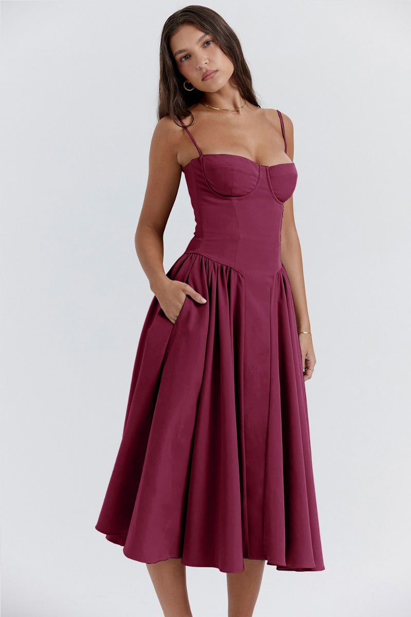 Damen Midi-Kleid mit Spaghettiträgern, plissiertem Rock und Taschen – Elegant-83506-20dc9fc4-adaa-410b-8e81-918d17f77a5a