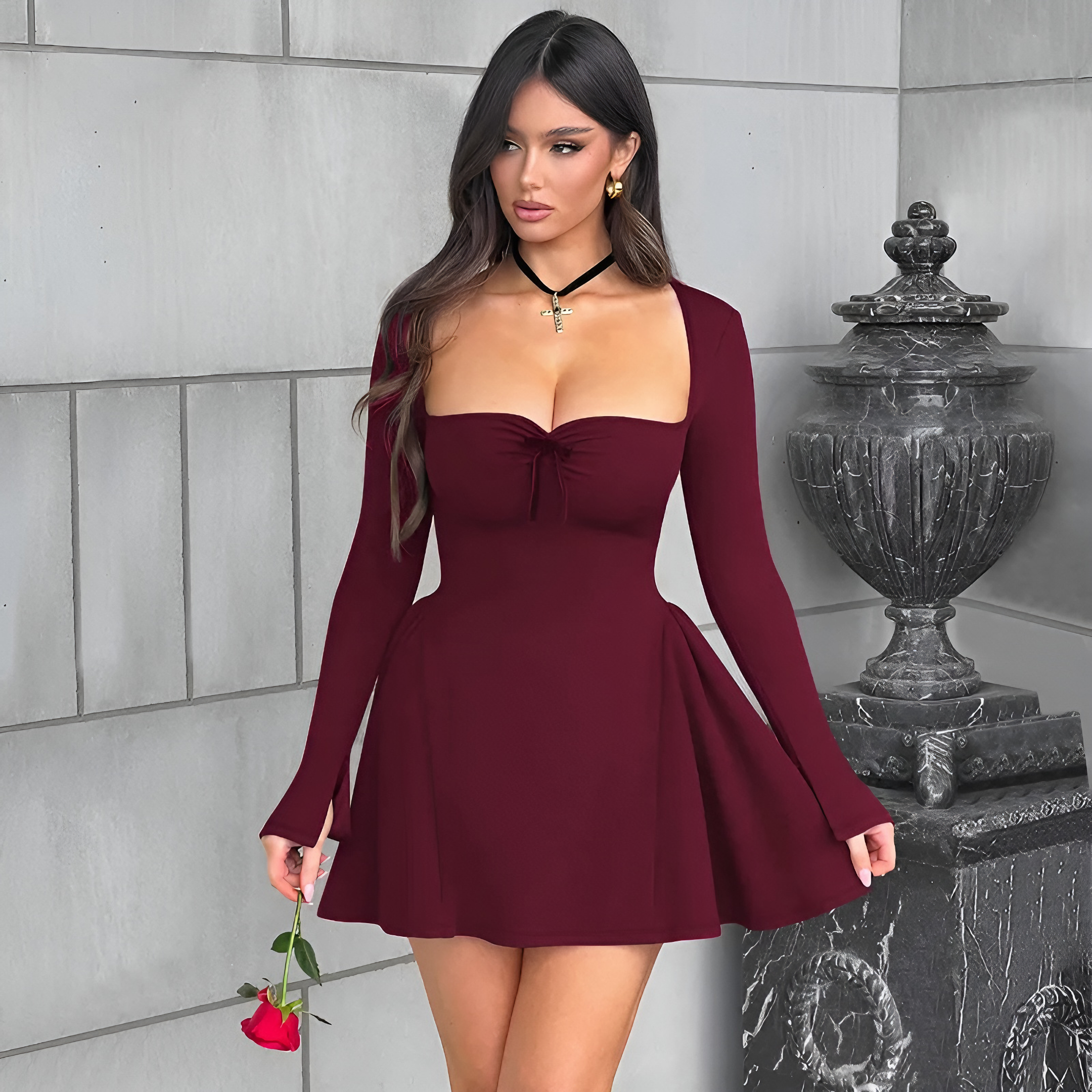 Damen Minikleid – Langarm, Carrée-Ausschnitt, A-Linie Silhouette-83527-2acc07ac-8445-4444-a024-97b5654dc767