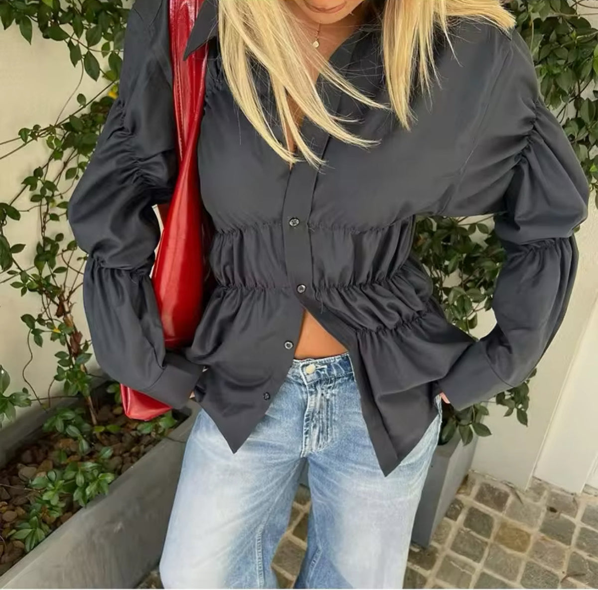Damen Bluse mit geraffter Taille und Ärmelbündchen – Knopfleiste, Elegante Passform-83304-306cc4dd-26fc-4da2-9f90-6893f35e5dc7