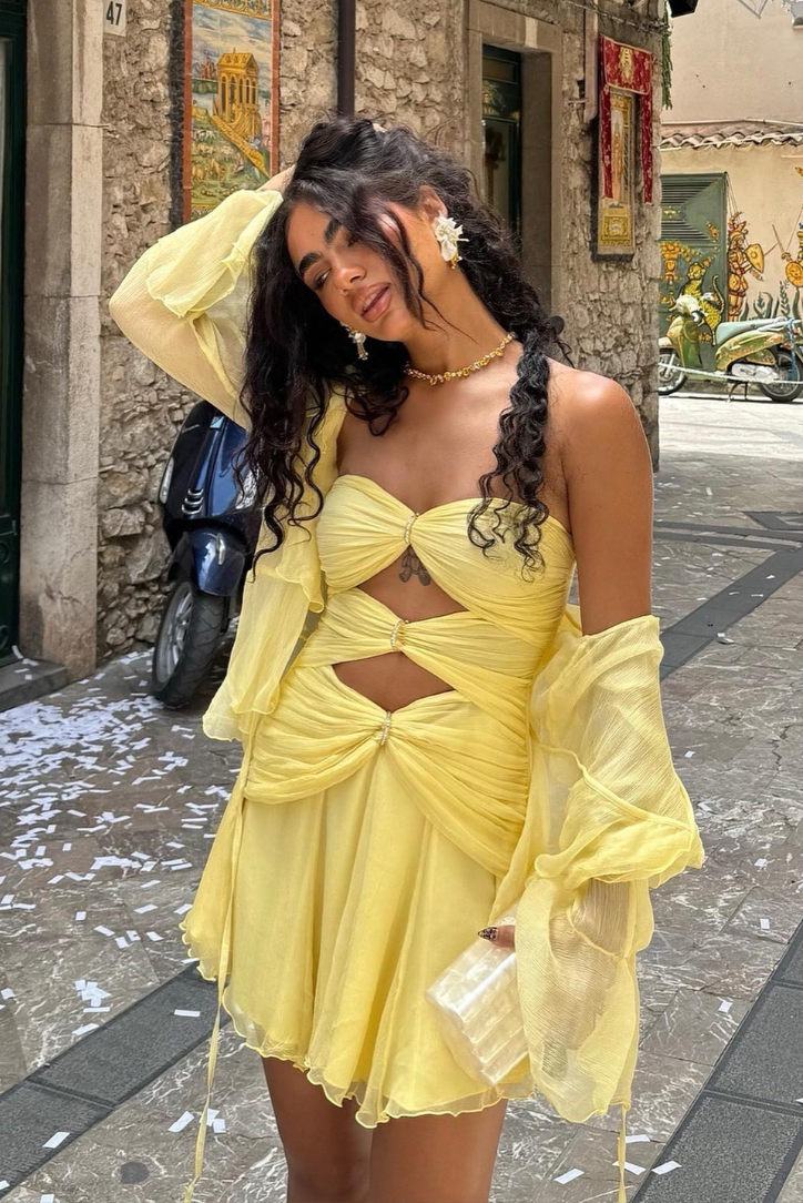 Damen Kleid Gelb mit Cutout-Design, Transparenz-Ärmeln, Fließend-83601-3ecfc962-45ac-42f5-83ea-b9f45baefe93