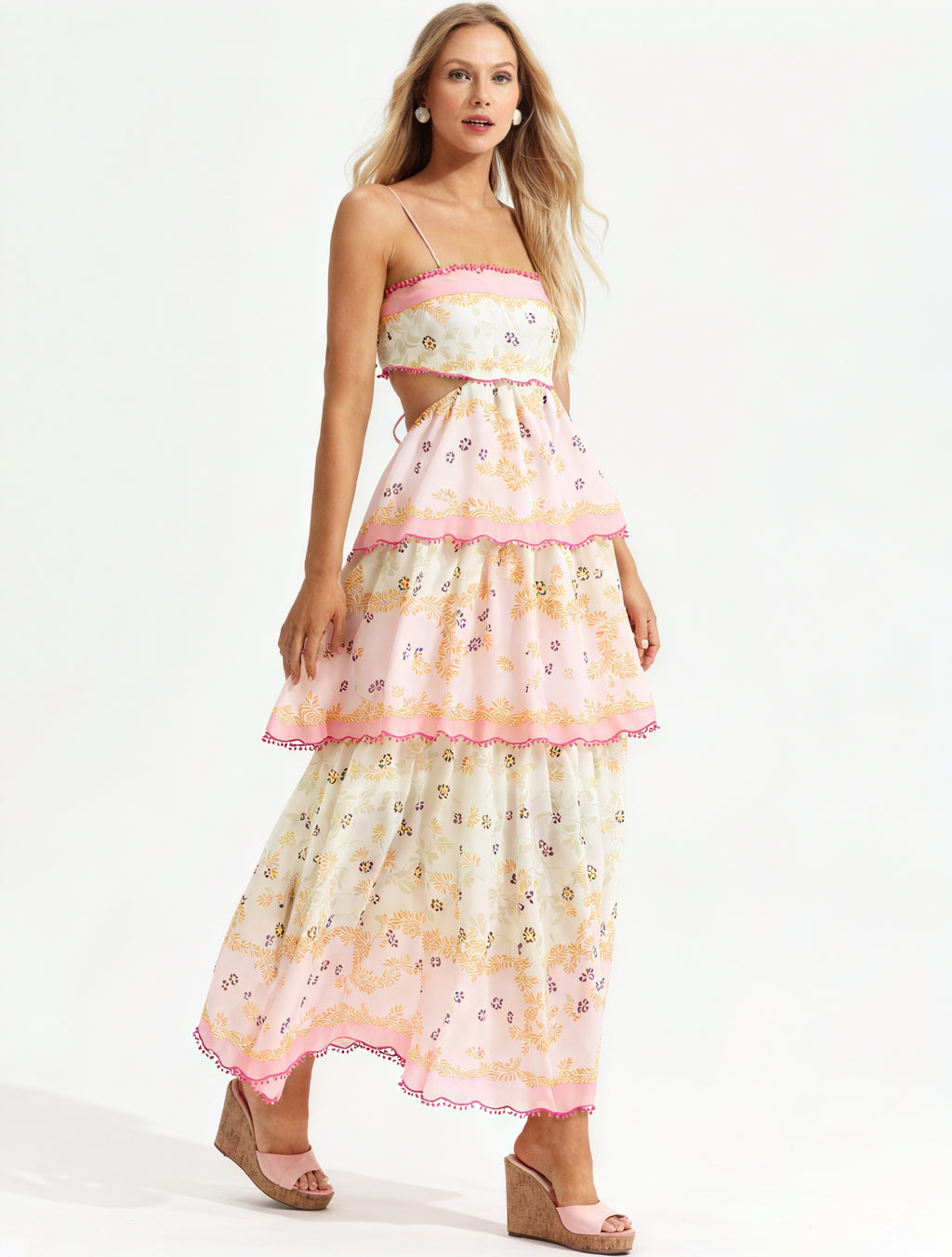 Geblümtes Midi-Kleid mit Stufenrock