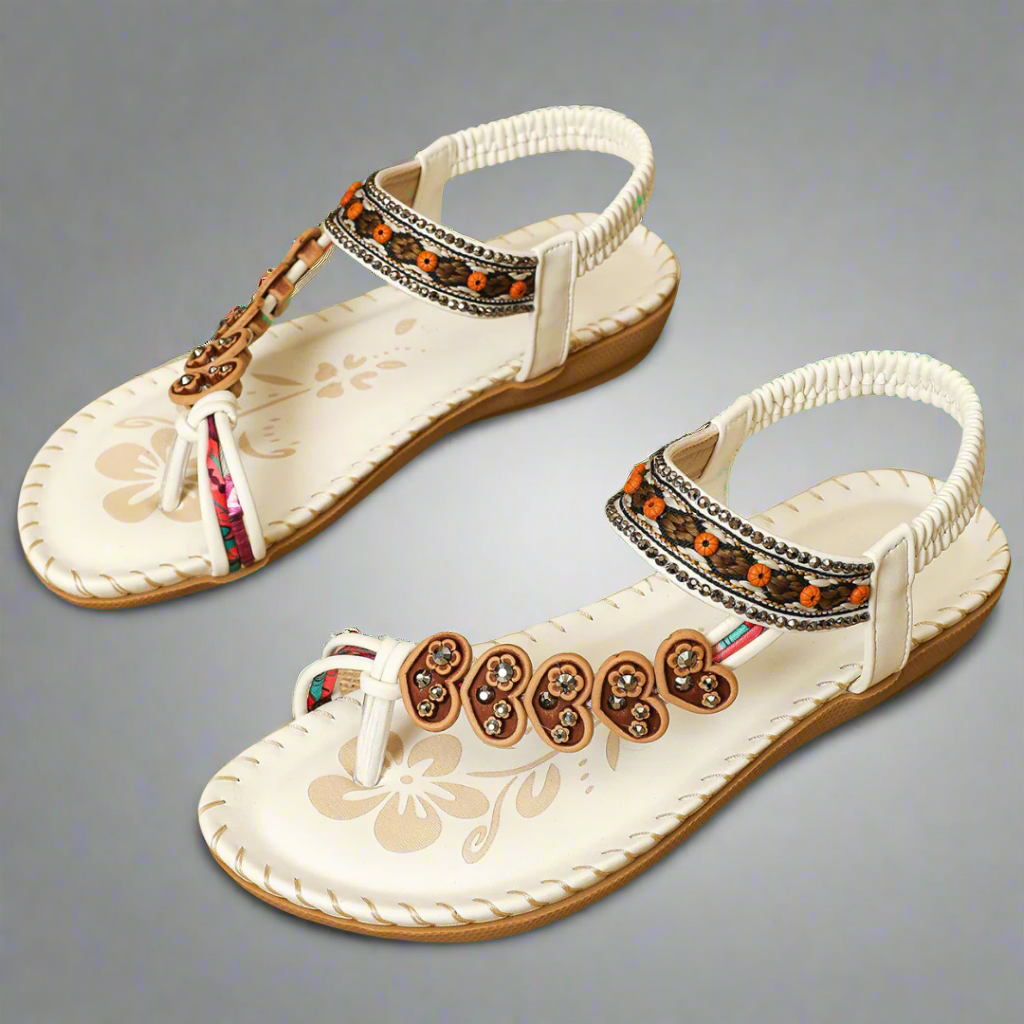 Damen Sandalen Flach – Verzierte T-Riemen mit Perlen & Blumen Details-83364-55cd0626-5d3c-42cc-80b0-5948d50fcab1