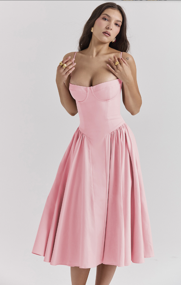 Damen Midi-Kleid mit Spaghettiträgern, plissiertem Rock und Taschen – Elegant-83506-59c52140-98fd-4ce8-970e-c6134fe21077