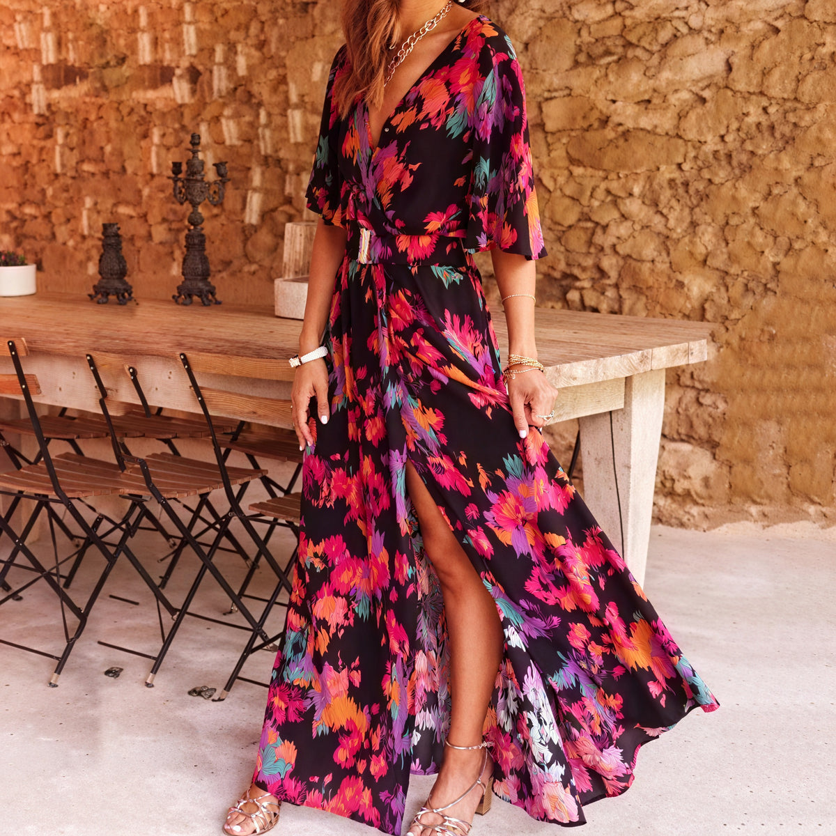Bohemian Maxi Kleid mit V-Ausschnitt