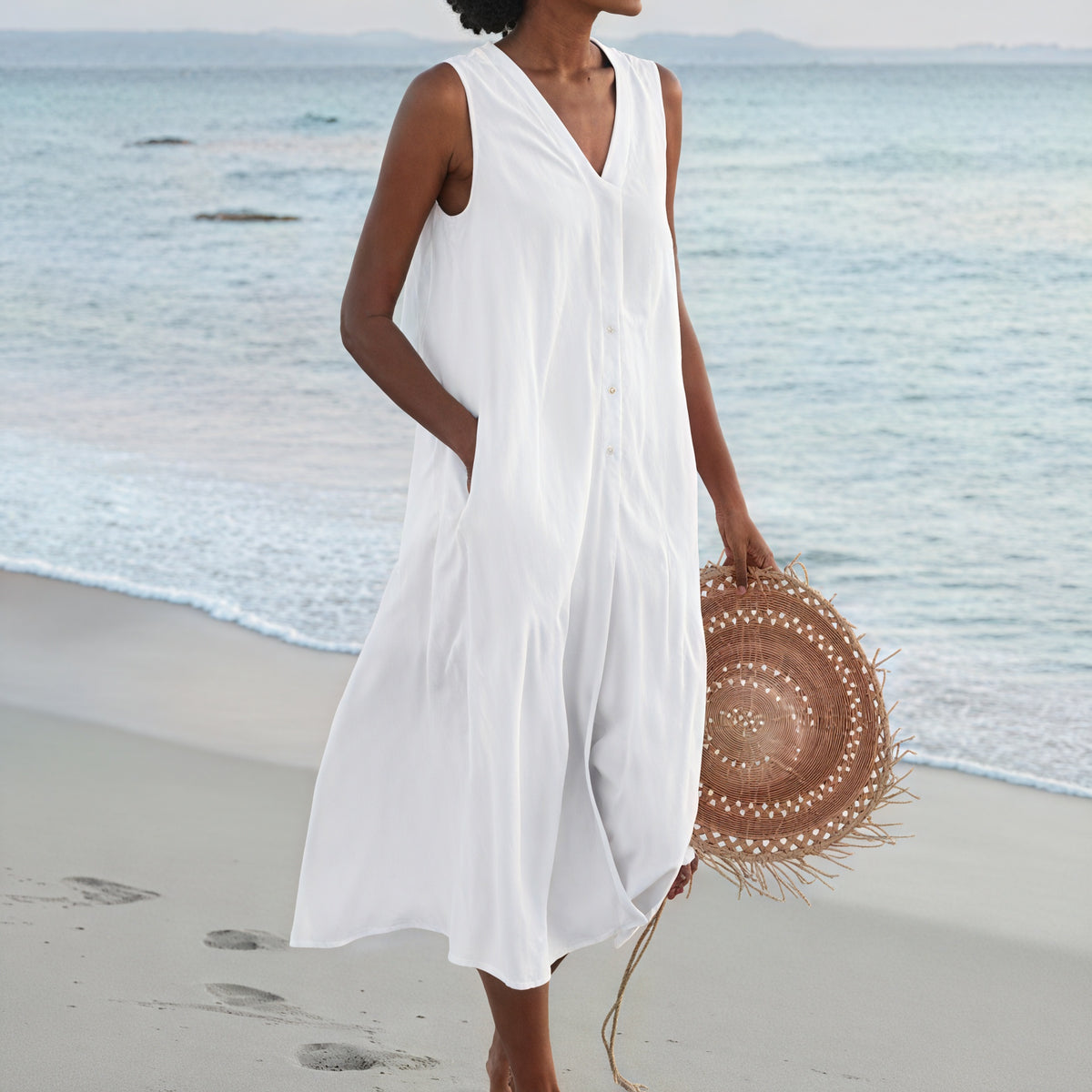 Damen Kleid – Ärmellos, V-Ausschnitt, Knopfleiste, Fließende Silhouette-67015-55f1ee0a-341d-4ebf-a99f-e41d428613ba