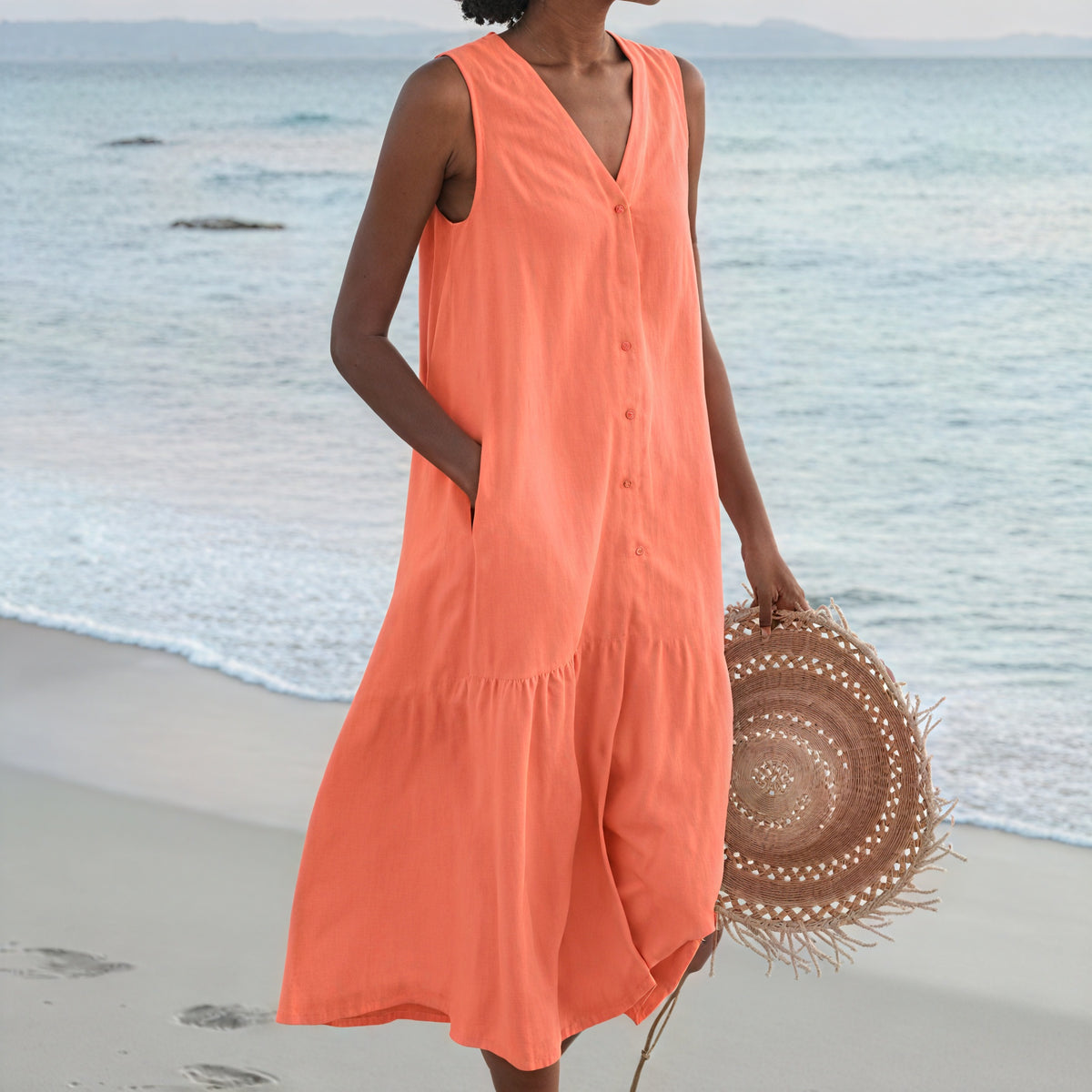 Damen Kleid – Ärmellos, V-Ausschnitt, Knopfleiste, Fließende Silhouette-67015-c668cd01-9da3-4822-ba30-603a1b63c9db