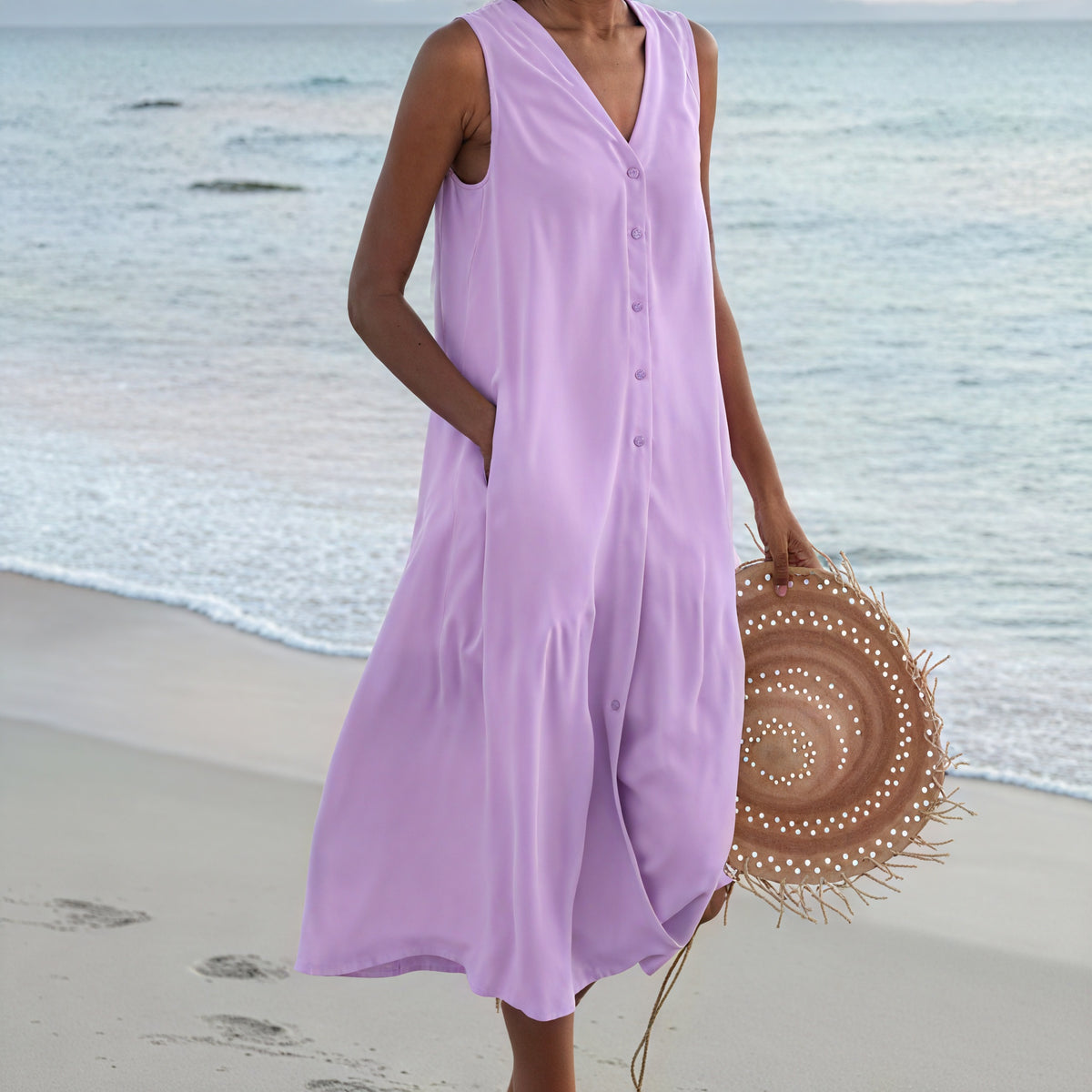 Damen Kleid – Ärmellos, V-Ausschnitt, Knopfleiste, Fließende Silhouette-67015-1c790fbb-0bcb-45f3-b2ce-816c648a1946