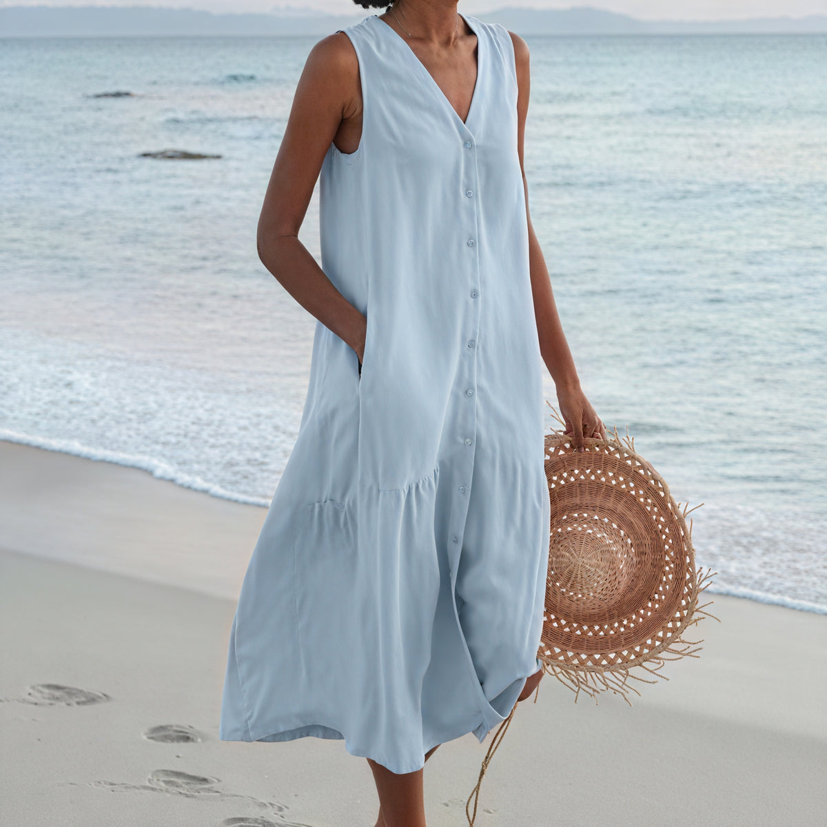 Damen Kleid – Ärmellos, V-Ausschnitt, Knopfleiste, Fließende Silhouette-67015-7b479dc8-6373-4dab-928b-ba5b6964dae9