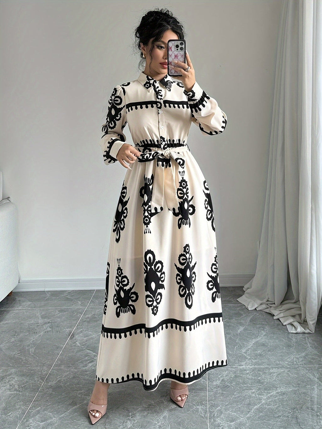 Damen Langarm-Kleid mit Bindegürtel – Gemusterter Print-83357-71fffb70-7c6d-4d5b-a69e-33e8ab6b0ee1