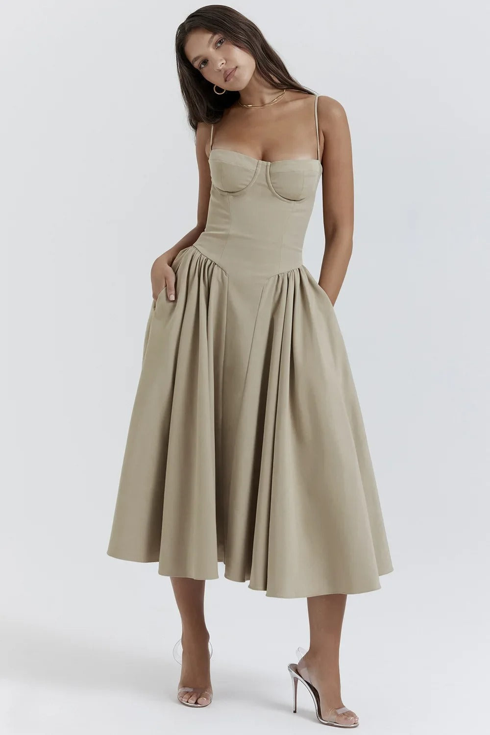 Damen Midi-Kleid mit Spaghettiträgern, plissiertem Rock und Taschen – Elegant-83506-721e3359-e227-4e63-80ee-254ee9d8a66b