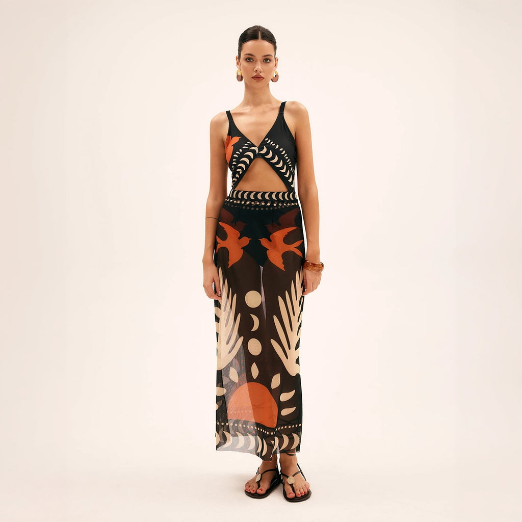 Maxikleid mit abstraktem Print und Schlüsselloch