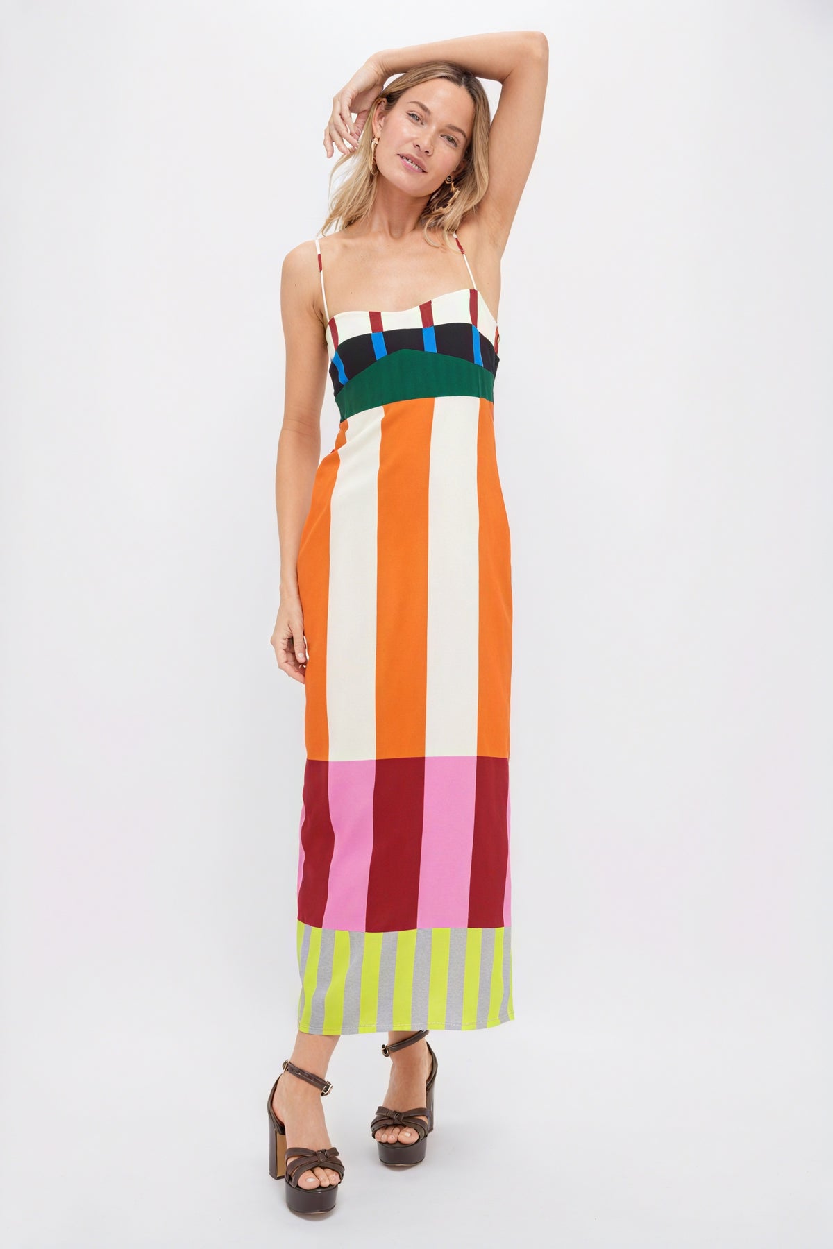 Gestreiftes Maxi-Kleid mit Farbblock-Design