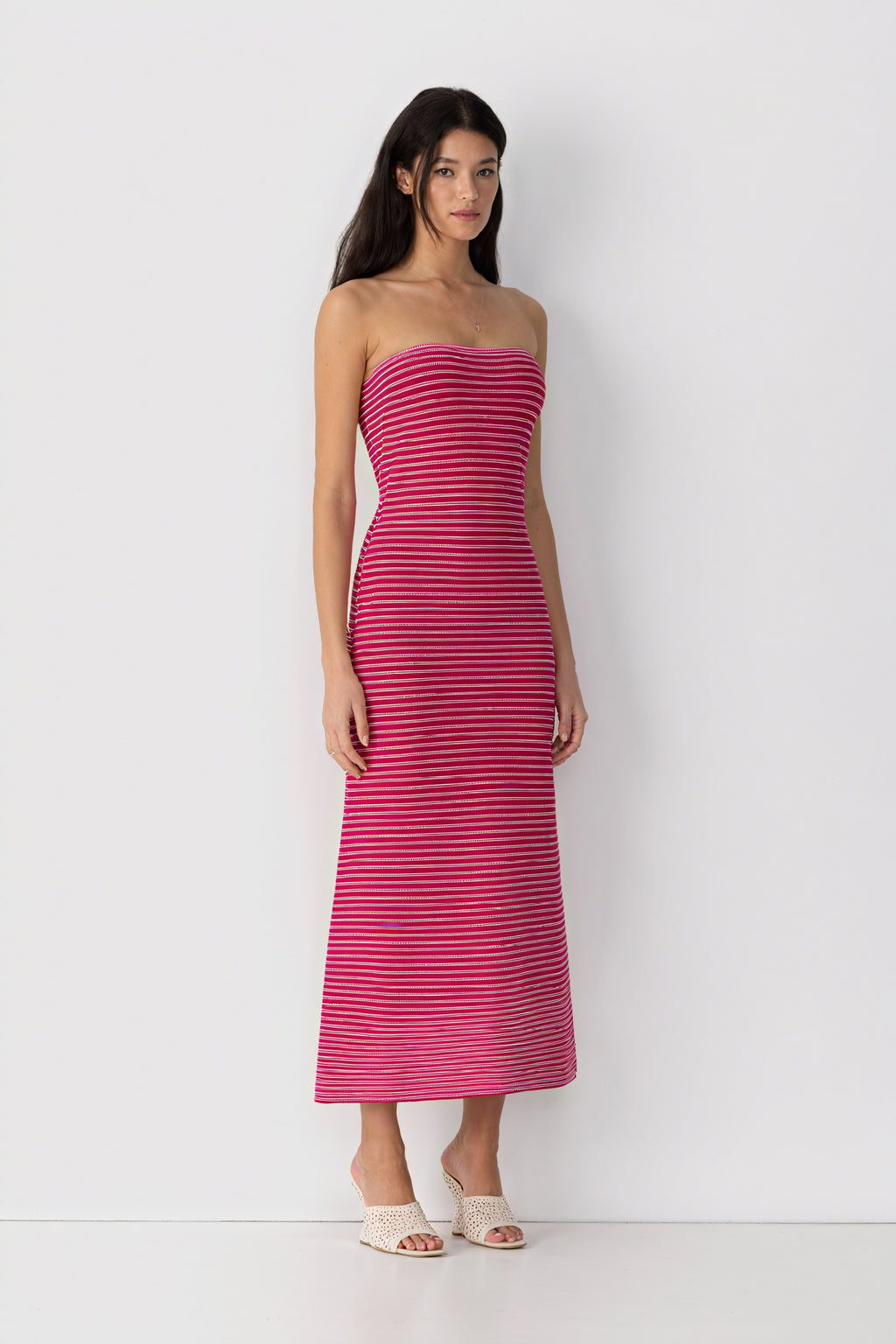 Gestreiftes Midikleid mit gerippter Textur