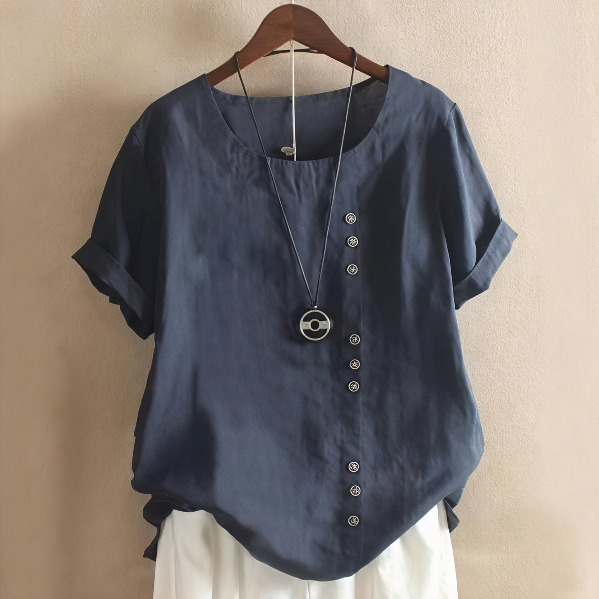 Kleidhaus Damen Kurzarm-Kleid mit Asymmetrischer Knopfleiste und Rundhalsausschnitt-81165-25ebbfa2-2d23-4226-9038-ffad1819ceb0