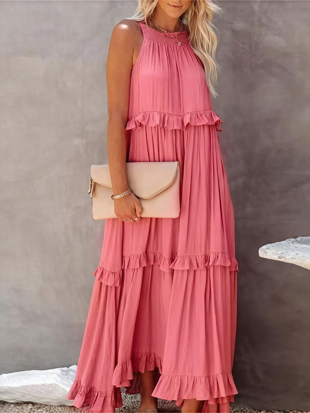 Maxikleid Damen Halter-Ausschnitt Fließendes Design Rüschen-Details Leicht Sommer Urlaub Elegant-81649-7f0fc72d-415b-44c9-94e0-32655f8d3580