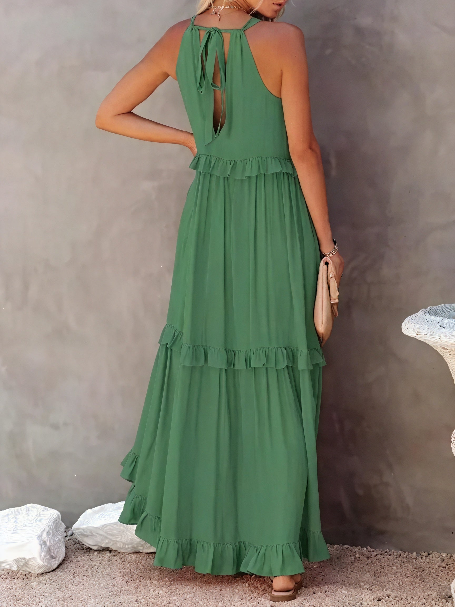 Maxikleid Damen Halter-Ausschnitt Fließendes Design Rüschen-Details Leicht Sommer Urlaub Elegant-81649-36579b3a-24f6-49ff-be44-95d5a62b1228