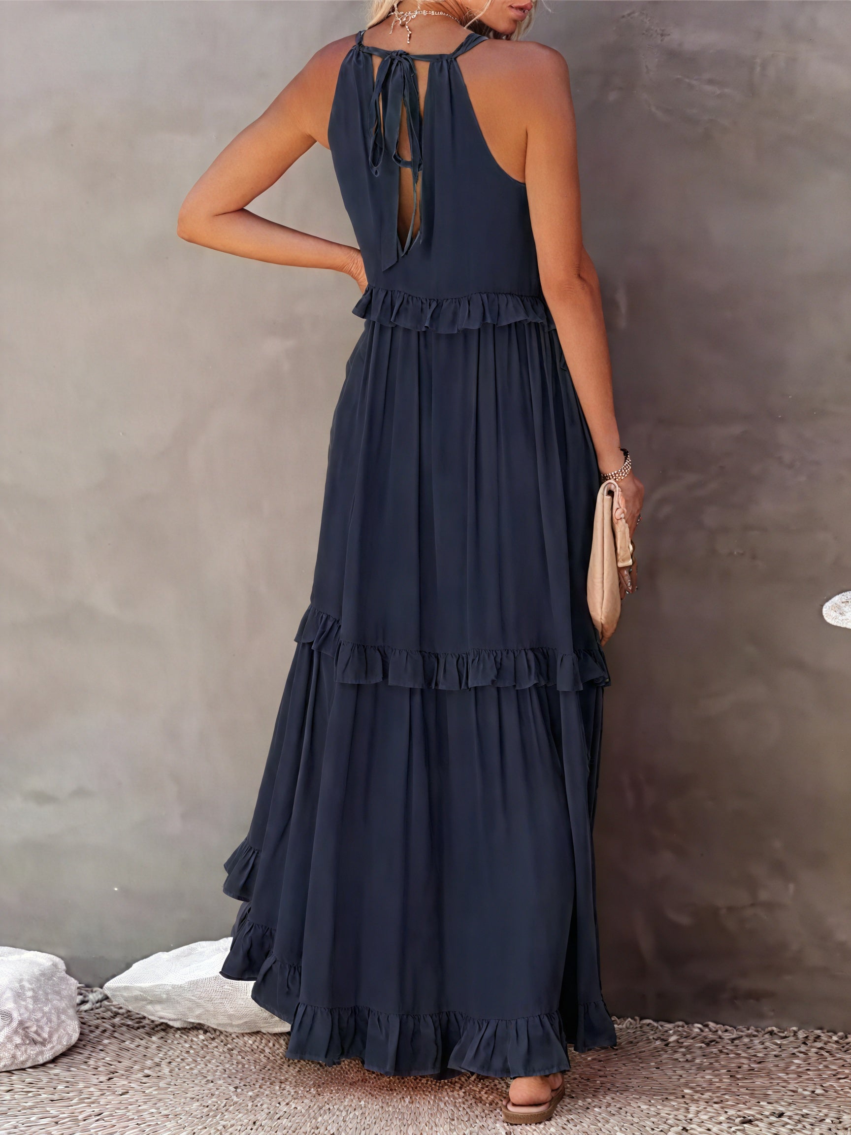 Maxikleid Damen Halter-Ausschnitt Fließendes Design Rüschen-Details Leicht Sommer Urlaub Elegant-81649-b705a98f-5d2e-4093-991d-0c6bc168fb86