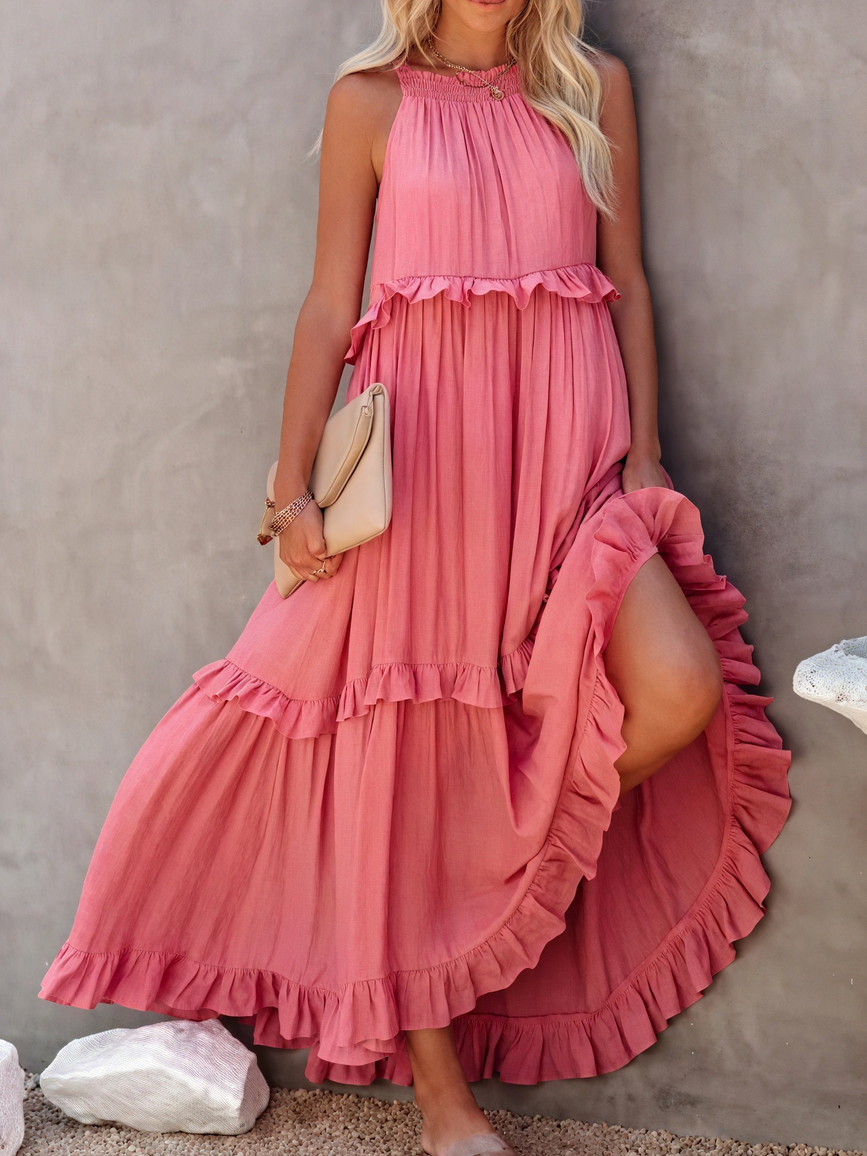 Maxikleid Damen Halter-Ausschnitt Fließendes Design Rüschen-Details Leicht Sommer Urlaub Elegant-81649-66b9f915-408a-44bc-a563-dc7b06f5469e