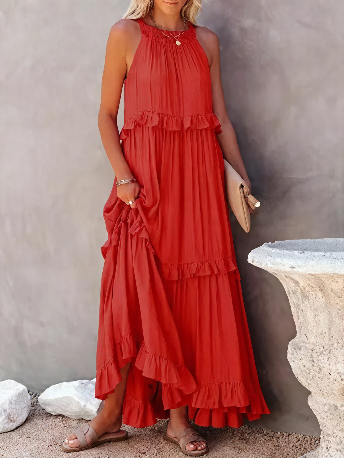 Maxikleid Damen Halter-Ausschnitt Fließendes Design Rüschen-Details Leicht Sommer Urlaub Elegant-81649-826e933d-4722-4c66-bf3e-b25b277c5731