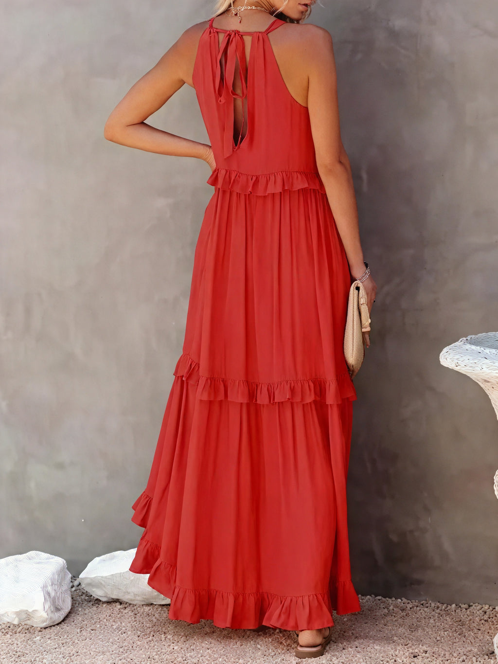 Maxikleid Damen Halter-Ausschnitt Fließendes Design Rüschen-Details Leicht Sommer Urlaub Elegant-81649-20b26ad0-2c39-43bb-9fe3-68656fd131f9