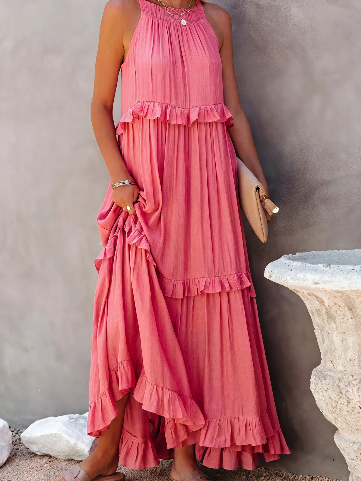 Maxikleid Damen Halter-Ausschnitt Fließendes Design Rüschen-Details Leicht Sommer Urlaub Elegant-81649-151f53af-c888-413b-b190-900fa9c62e87