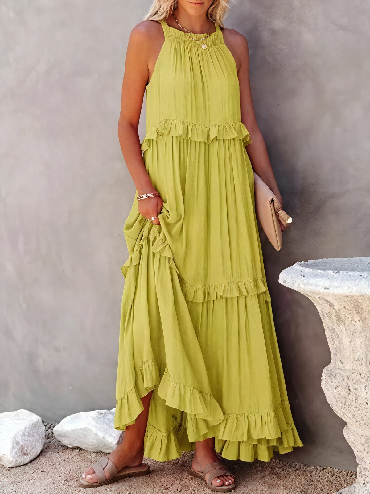 Maxikleid Damen Halter-Ausschnitt Fließendes Design Rüschen-Details Leicht Sommer Urlaub Elegant-81649-c6d2b639-199a-4b43-b468-9b267fe82573