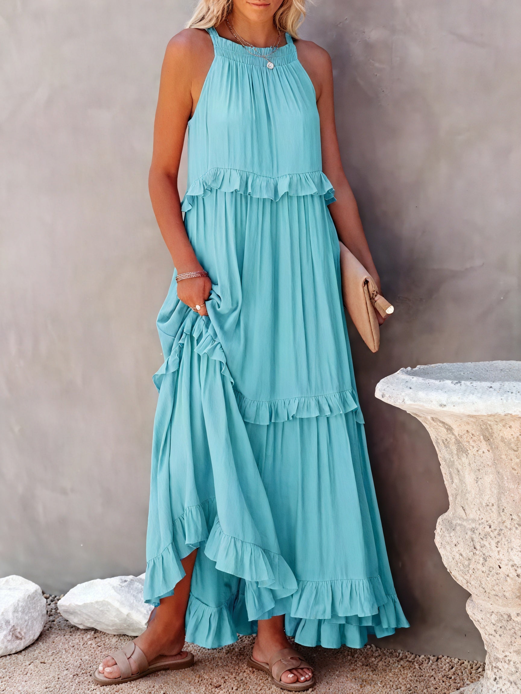 Maxikleid Damen Halter-Ausschnitt Fließendes Design Rüschen-Details Leicht Sommer Urlaub Elegant-81649-bd97371b-223f-4581-81df-40737e23d899