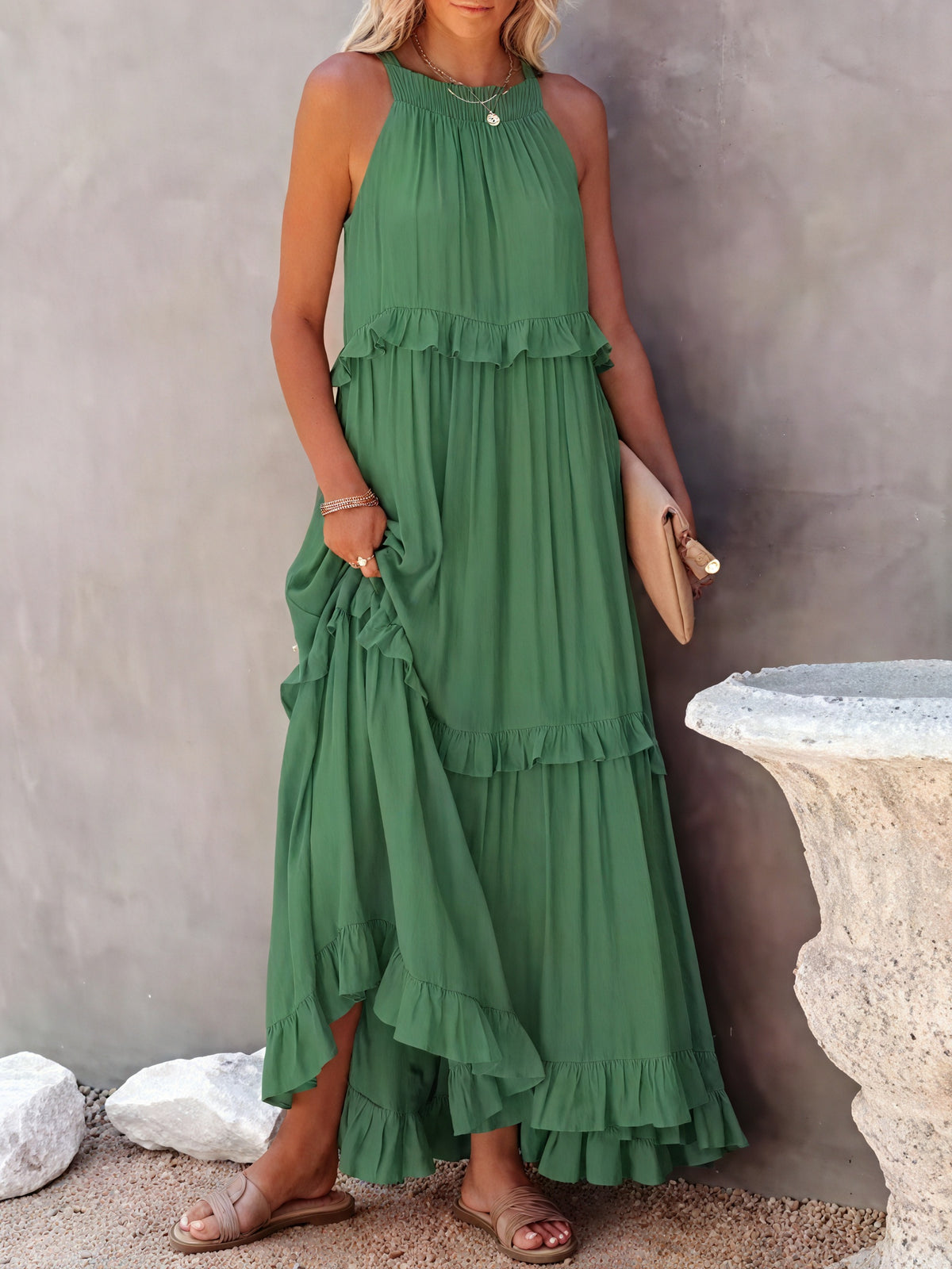 Maxikleid Damen Halter-Ausschnitt Fließendes Design Rüschen-Details Leicht Sommer Urlaub Elegant-81649-46db419d-4ec6-423a-afb5-bad208a3c7b7