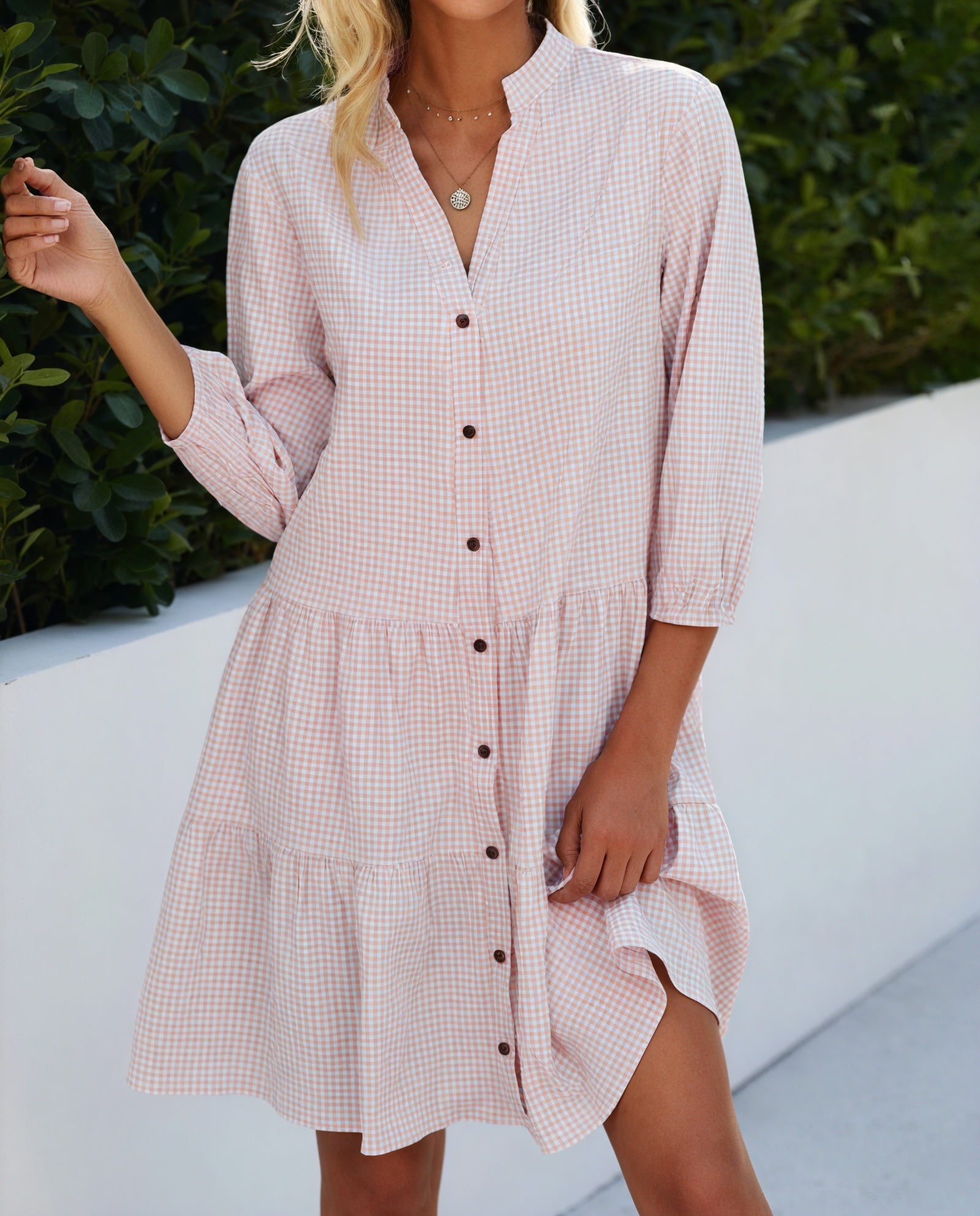 Gingham-Kleid Damen mit Knopfleiste, Dreiviertelärmeln & Stufenrock – Klassisch & Vielseitig-81722-746ff4dd-290d-49b7-88c0-526f9b546f02