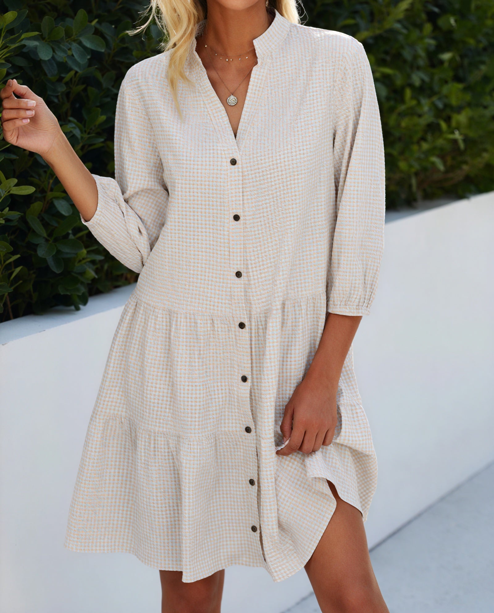 Gingham-Kleid Damen mit Knopfleiste, Dreiviertelärmeln & Stufenrock – Klassisch & Vielseitig-81722-88180188-645b-4a4a-9b4b-e15e03d65945