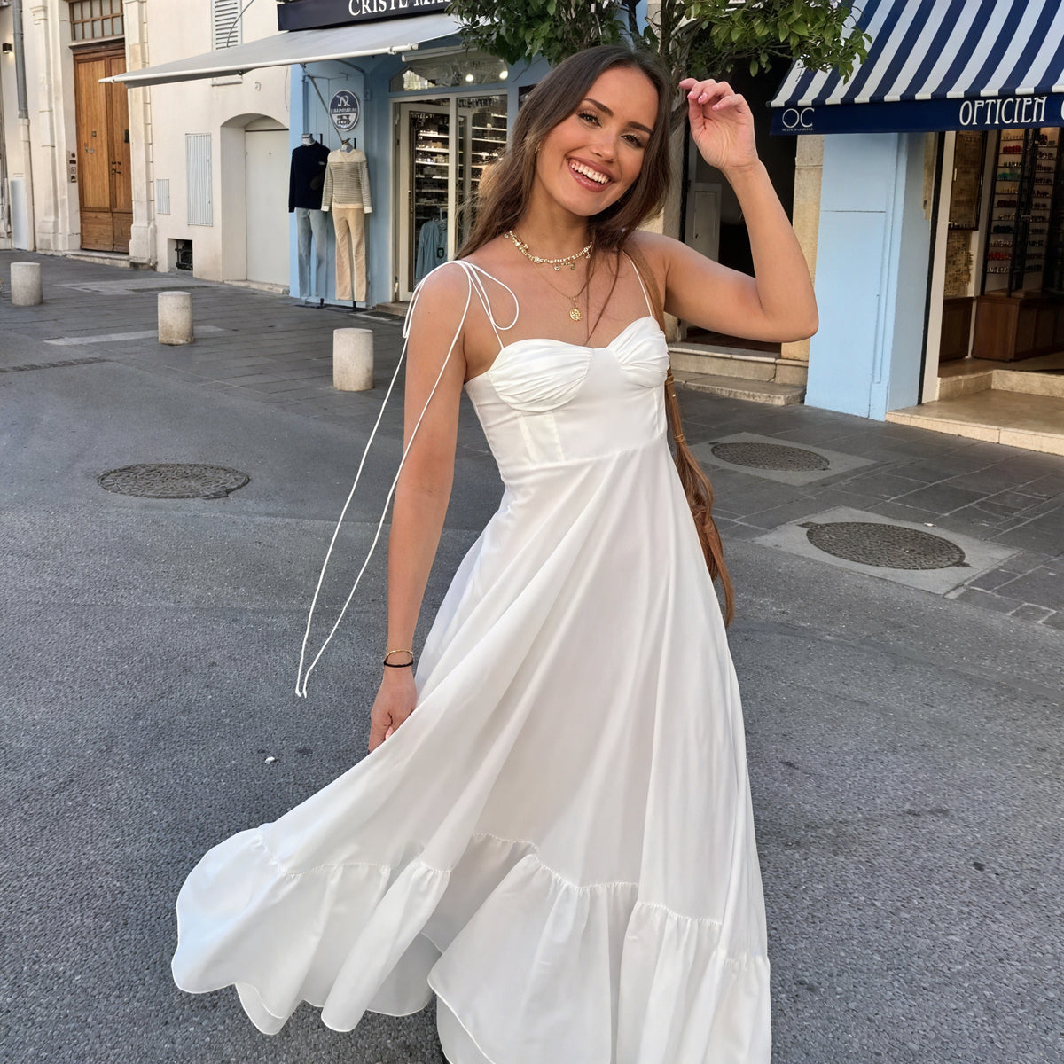 Kleidhaus Damen Weißes Bustier-Kleid – Gestufter Rock, Spaghettiträger-81821-2238c18f-633b-46eb-a519-92d606048938